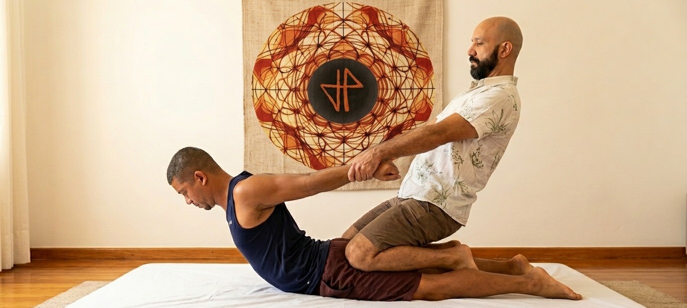 José Peroza aplicando Massagem Thai Yoga em atendimento